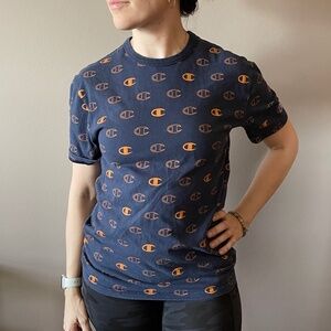 Retro StyleChampion Logo Crew Neck Tee Size Small Navy with Orange All Over Logo